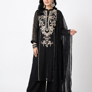 Black Chinon Suit Set with Cutdana, Sequins, Mirror and Pearl Embroidery 3