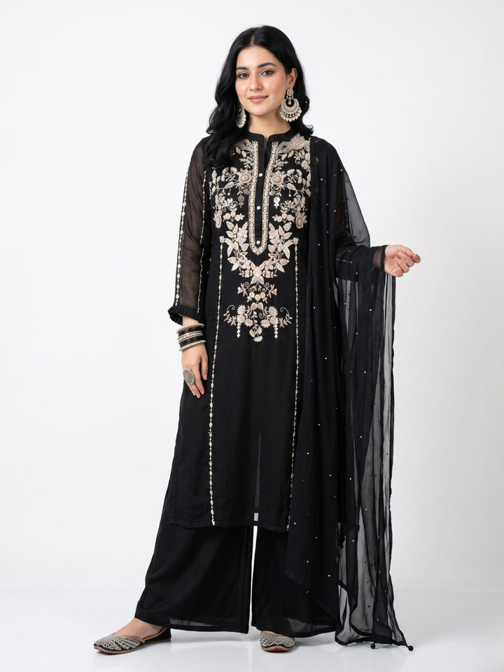 Black Chinon Suit Set with Cutdana, Sequins, Mirror and Pearl Embroidery 3