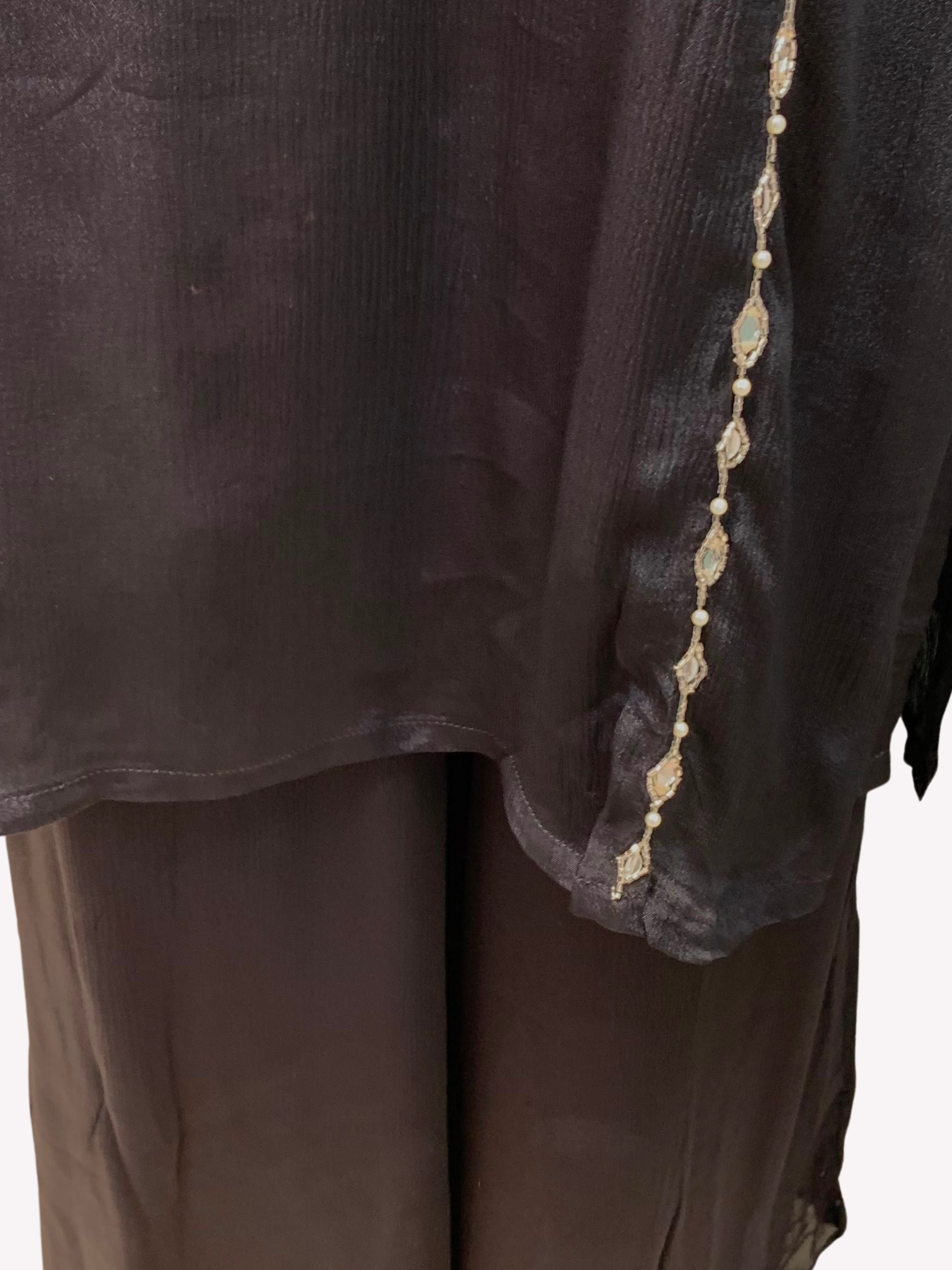 Black Chinon Suit Set with Cutdana, Sequins, Mirror and Pearl Embroidery 4