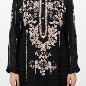Black Chinon Suit Set with Cutdana, Sequins, Mirror and Pearl Embroidery 5