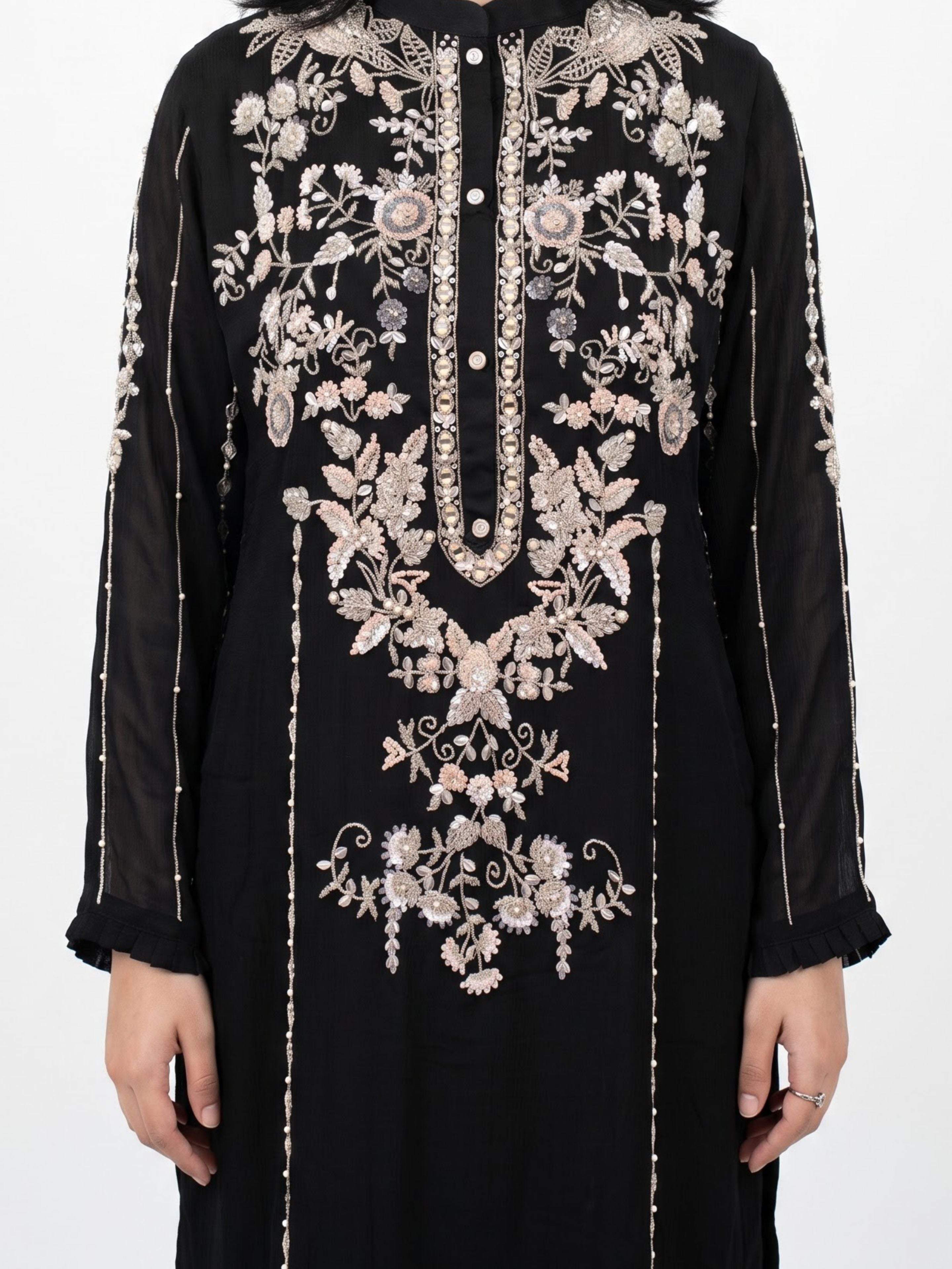 Black Chinon Suit Set with Cutdana, Sequins, Mirror and Pearl Embroidery 5