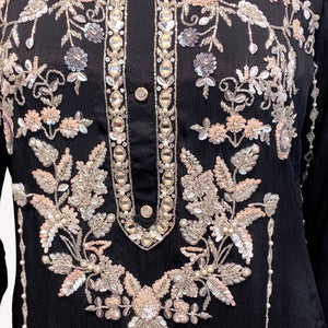 Black Chinon Suit Set with Cutdana, Sequins, Mirror and Pearl Embroidery 6