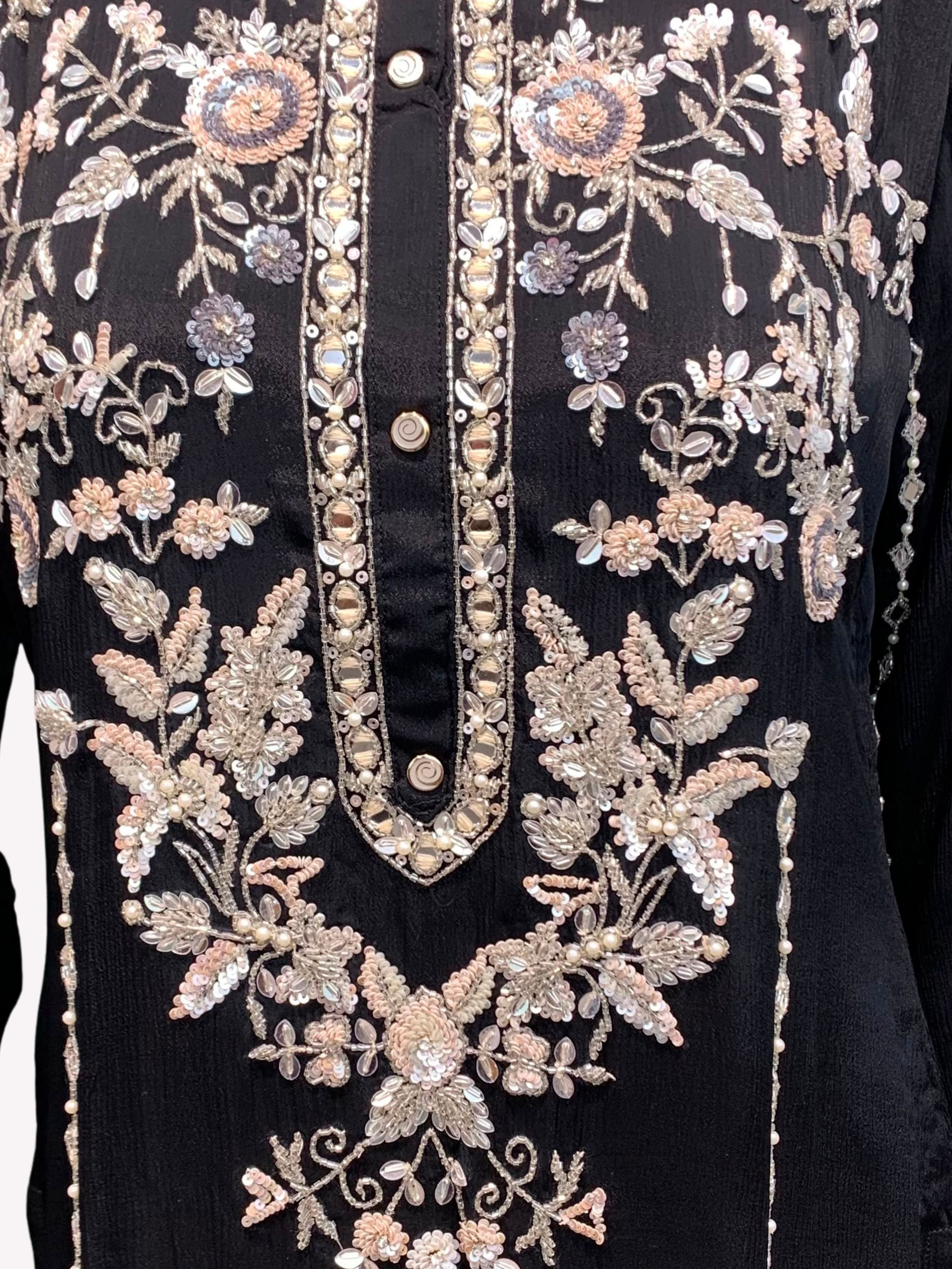 Black Chinon Suit Set with Cutdana, Sequins, Mirror and Pearl Embroidery 6
