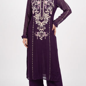 Purple Chinon Suit Set with Cutdana, Sequins, Mirror and Pearl Embroidery 2