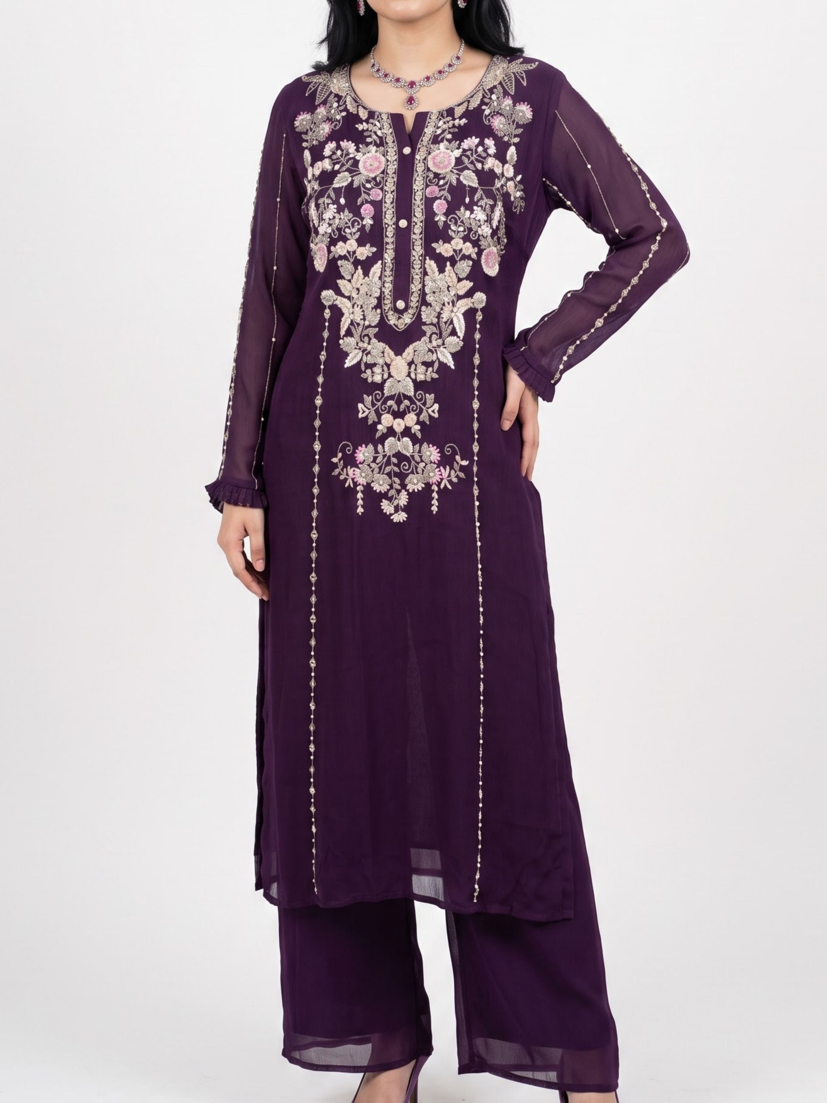 Purple Chinon Suit Set with Cutdana, Sequins, Mirror and Pearl Embroidery 2