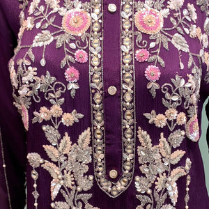 Purple Chinon Suit Set with Cutdana, Sequins, Mirror and Pearl Embroidery 3
