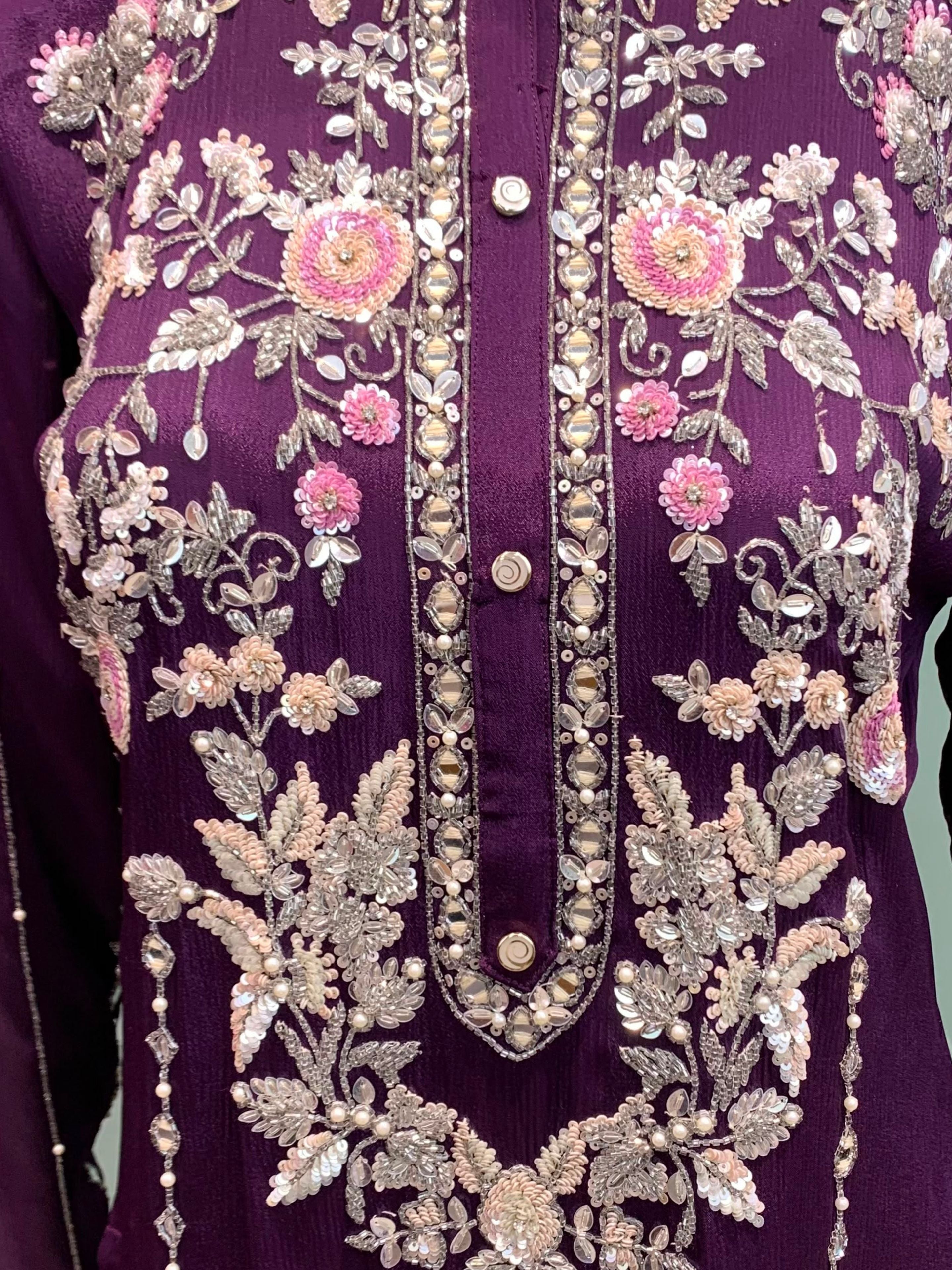 Purple Chinon Suit Set with Cutdana, Sequins, Mirror and Pearl Embroidery 3