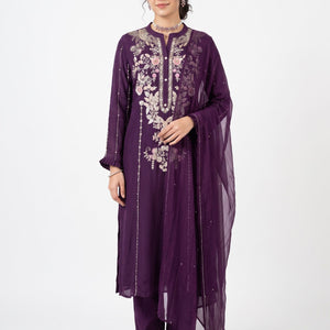 Purple Chinon Suit Set with Cutdana, Sequins, Mirror and Pearl Embroidery 4