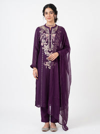 Purple Chinon Suit Set with Cutdana, Sequins, Mirror and Pearl Embroidery