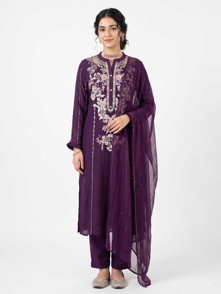 Purple Chinon Suit Set with Cutdana, Sequins, Mirror and Pearl Embroidery 4