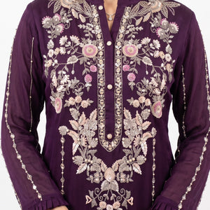 Purple Chinon Suit Set with Cutdana, Sequins, Mirror and Pearl Embroidery 5