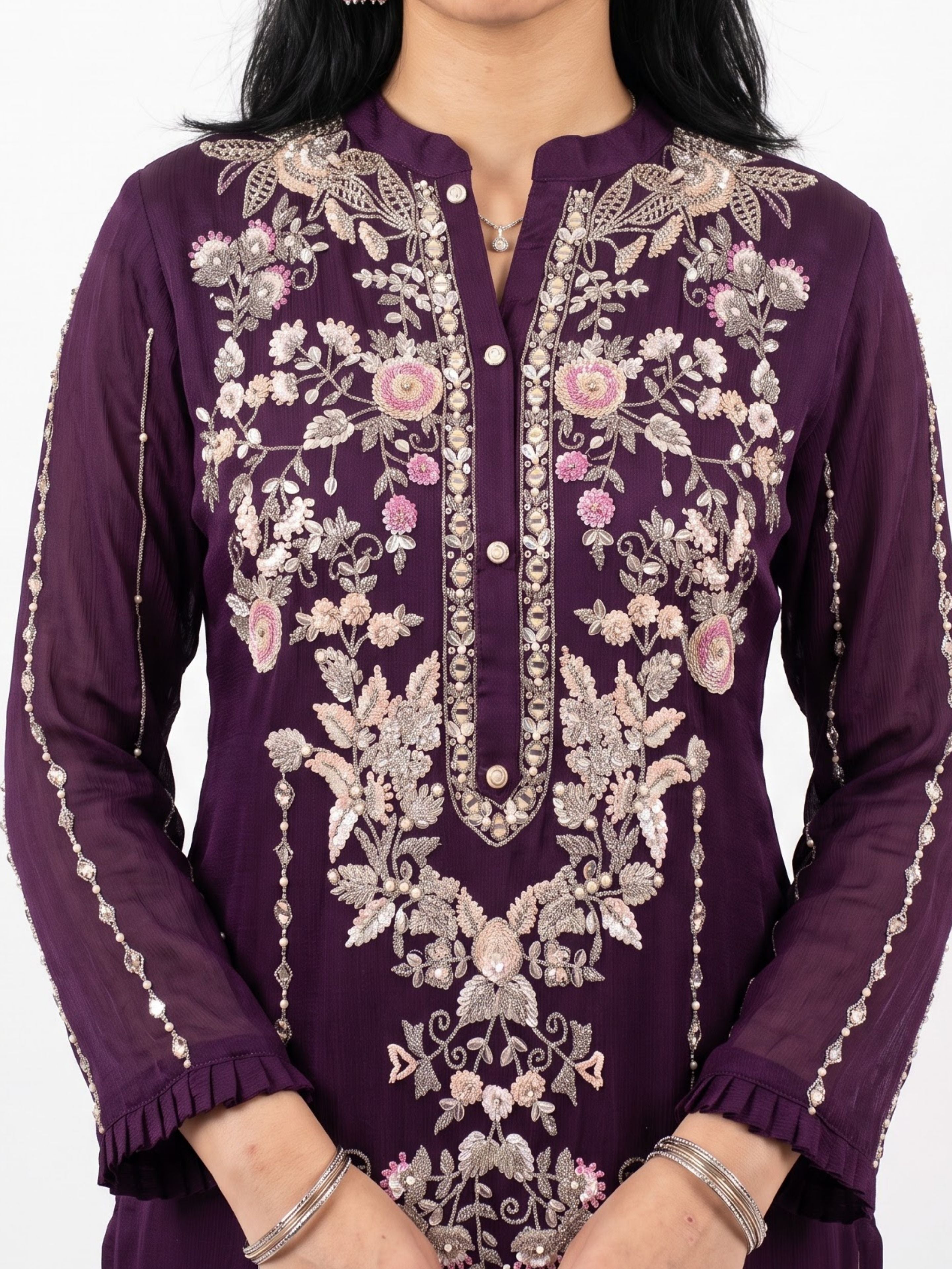 Purple Chinon Suit Set with Cutdana, Sequins, Mirror and Pearl Embroidery 5