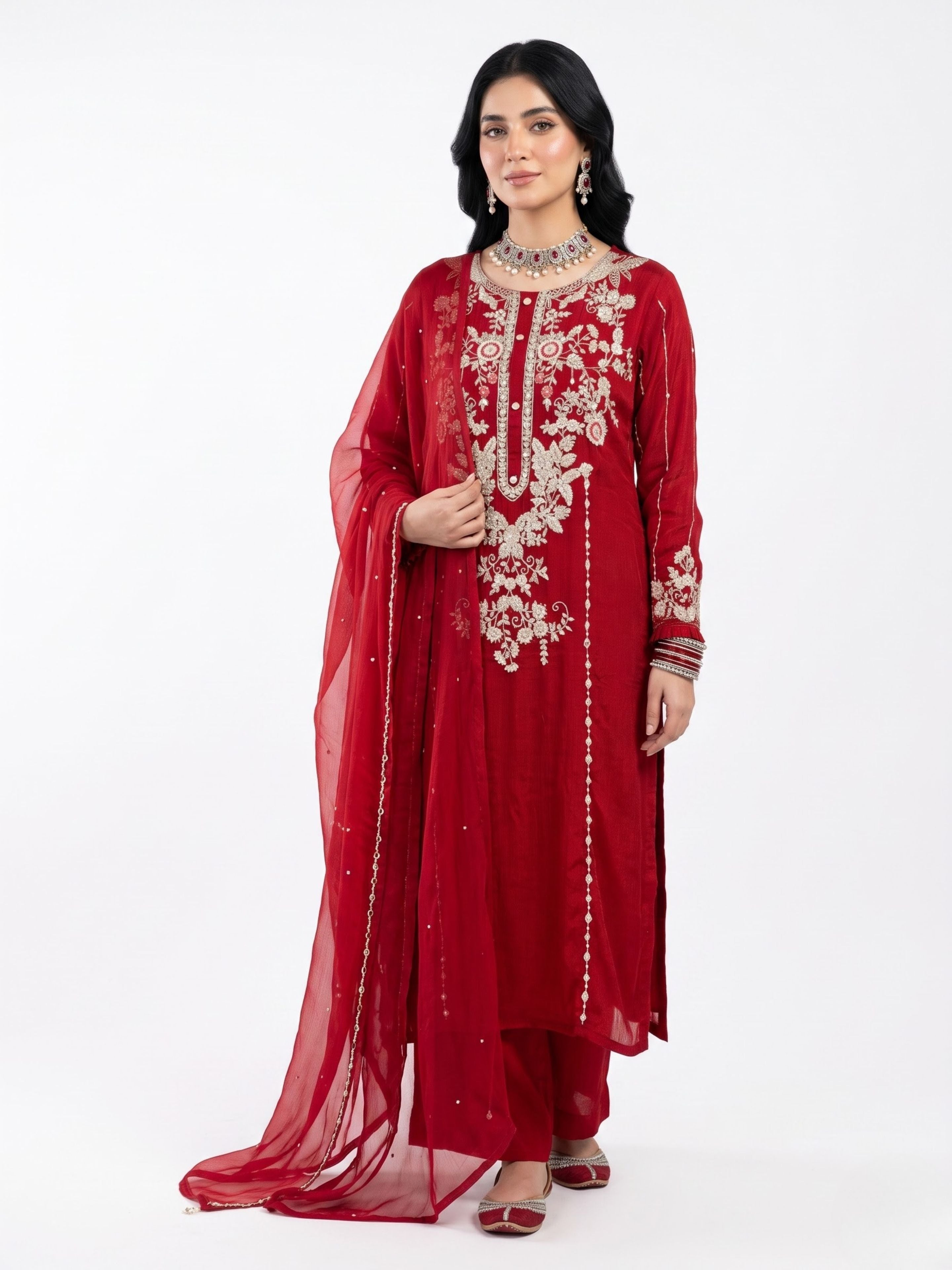 Red Chinon Suit Set with Cutdana, Sequins, Mirror and Pearl Embroidery 3
