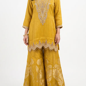 Mustard Brocade Indo Western with Cutdana, Zari and Sequins Embroidery 2