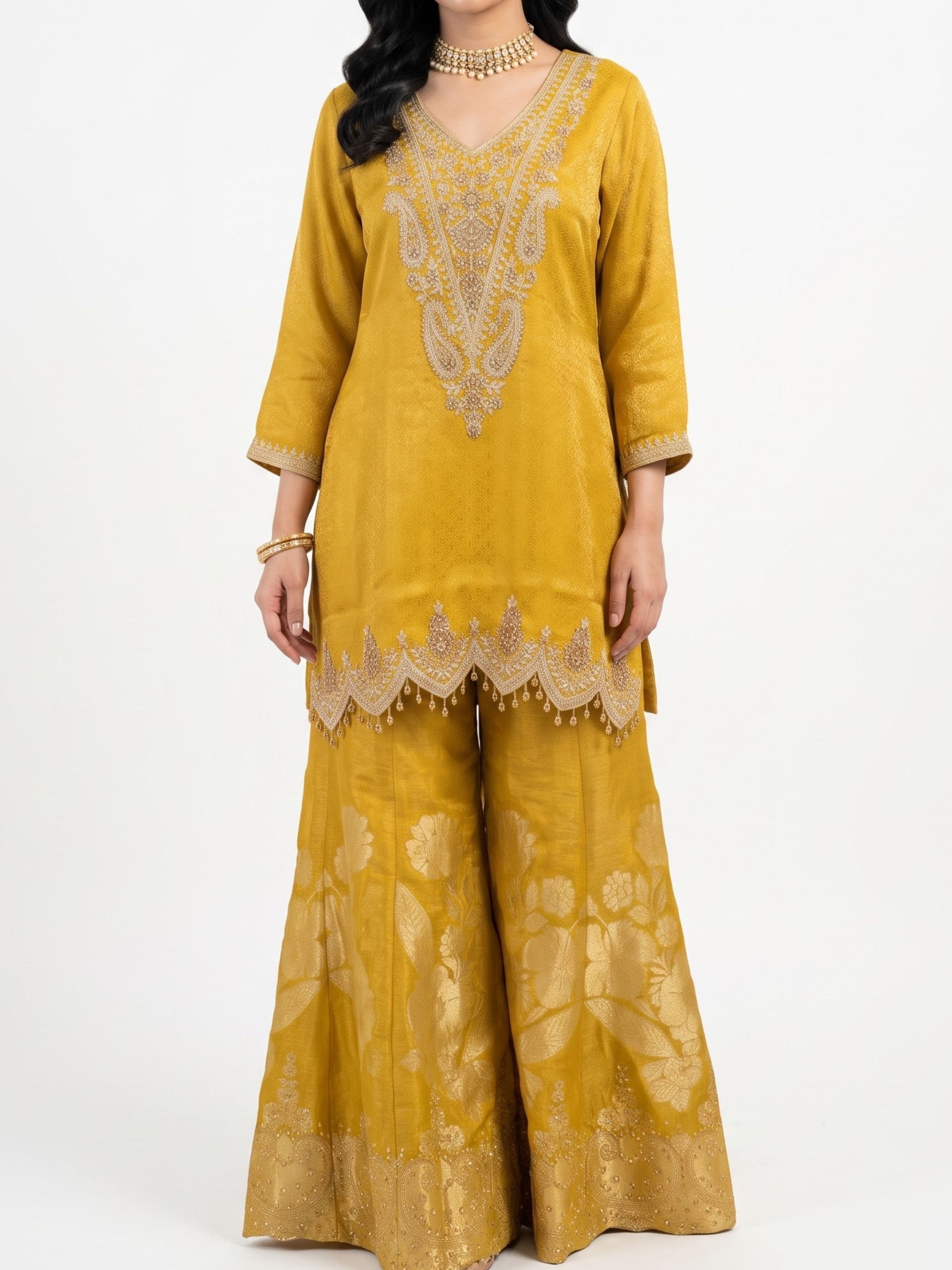 Mustard Brocade Indo Western with Cutdana, Zari and Sequins Embroidery 2
