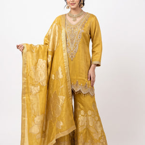Mustard Brocade Indo Western with Cutdana, Zari and Sequins Embroidery 1
