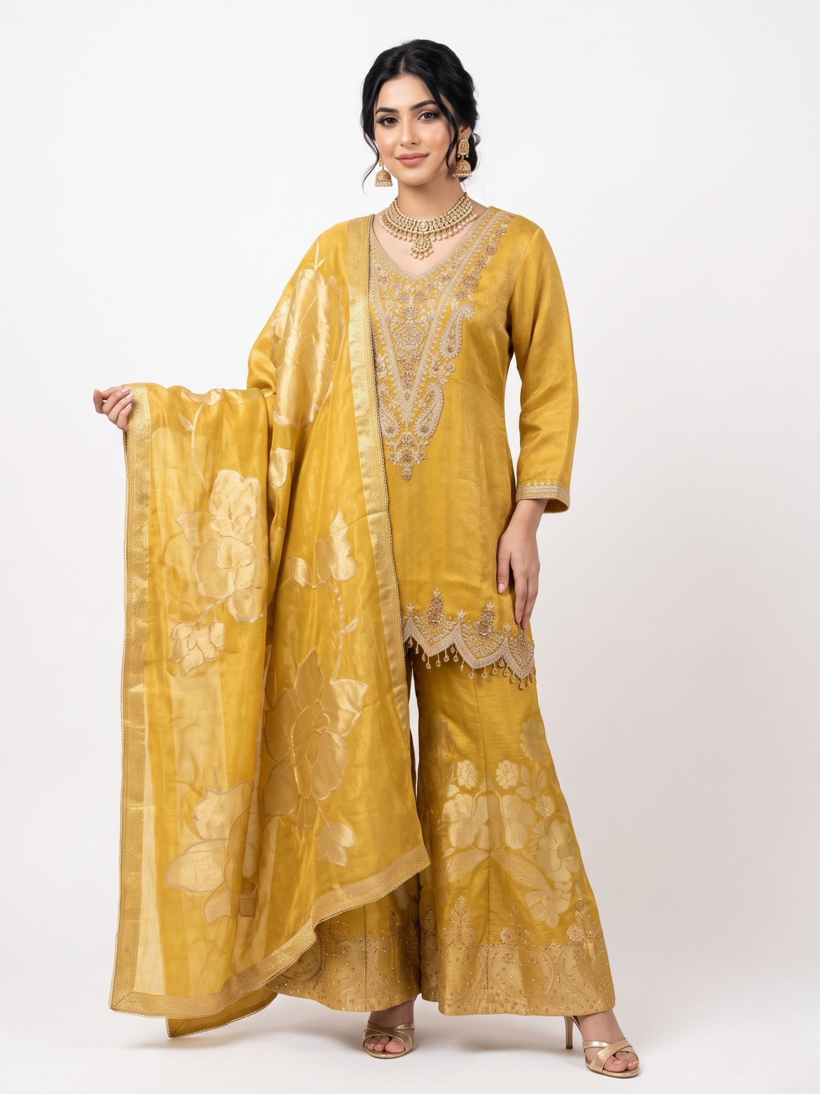 Mustard Tissue Indo Western with Cutdana, Zari and Sequins Embroidery 2