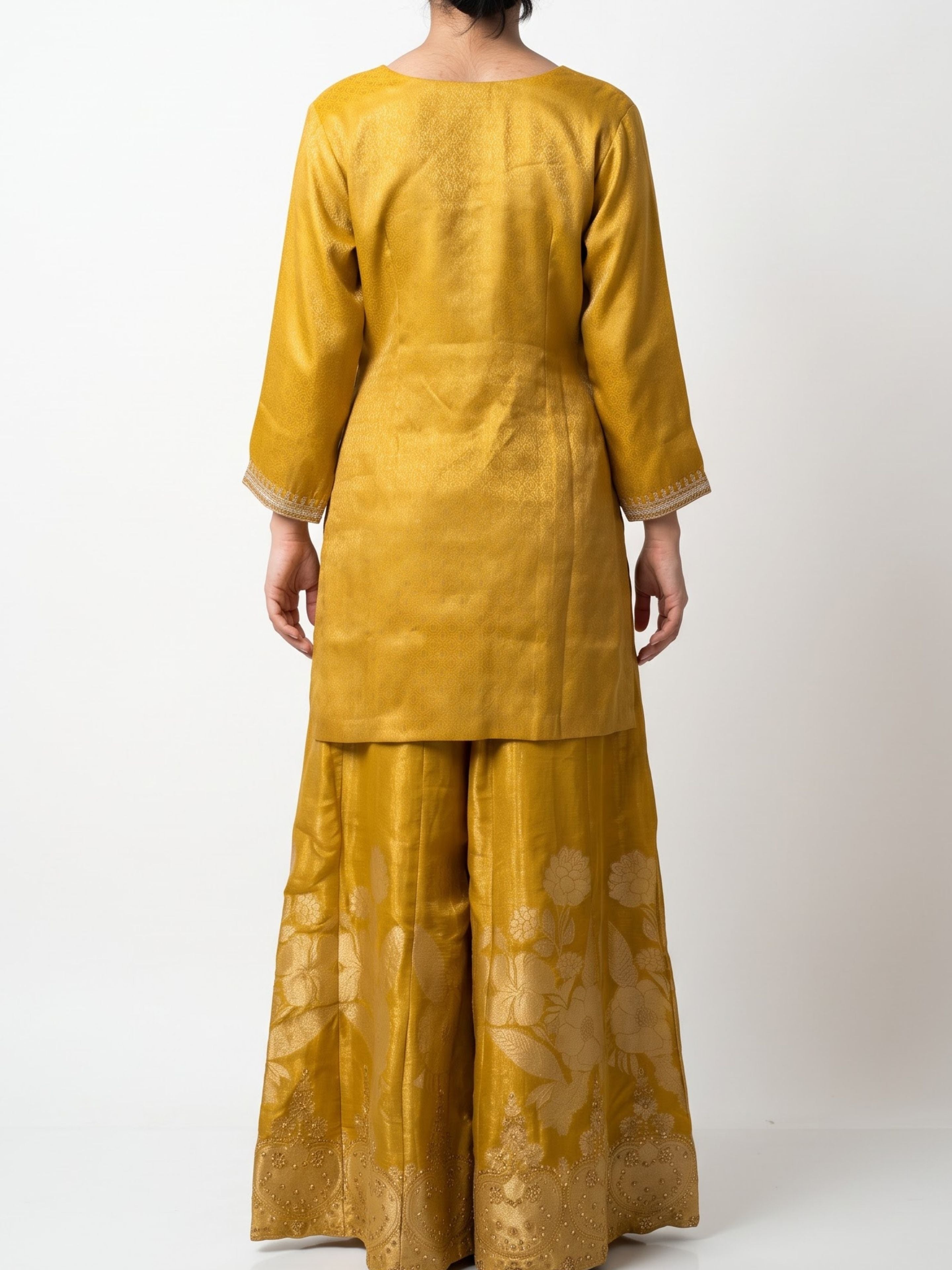 Mustard Brocade Indo Western with Cutdana, Zari and Sequins Embroidery 6