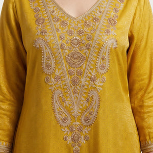 Mustard Brocade Indo Western with Cutdana, Zari and Sequins Embroidery 3