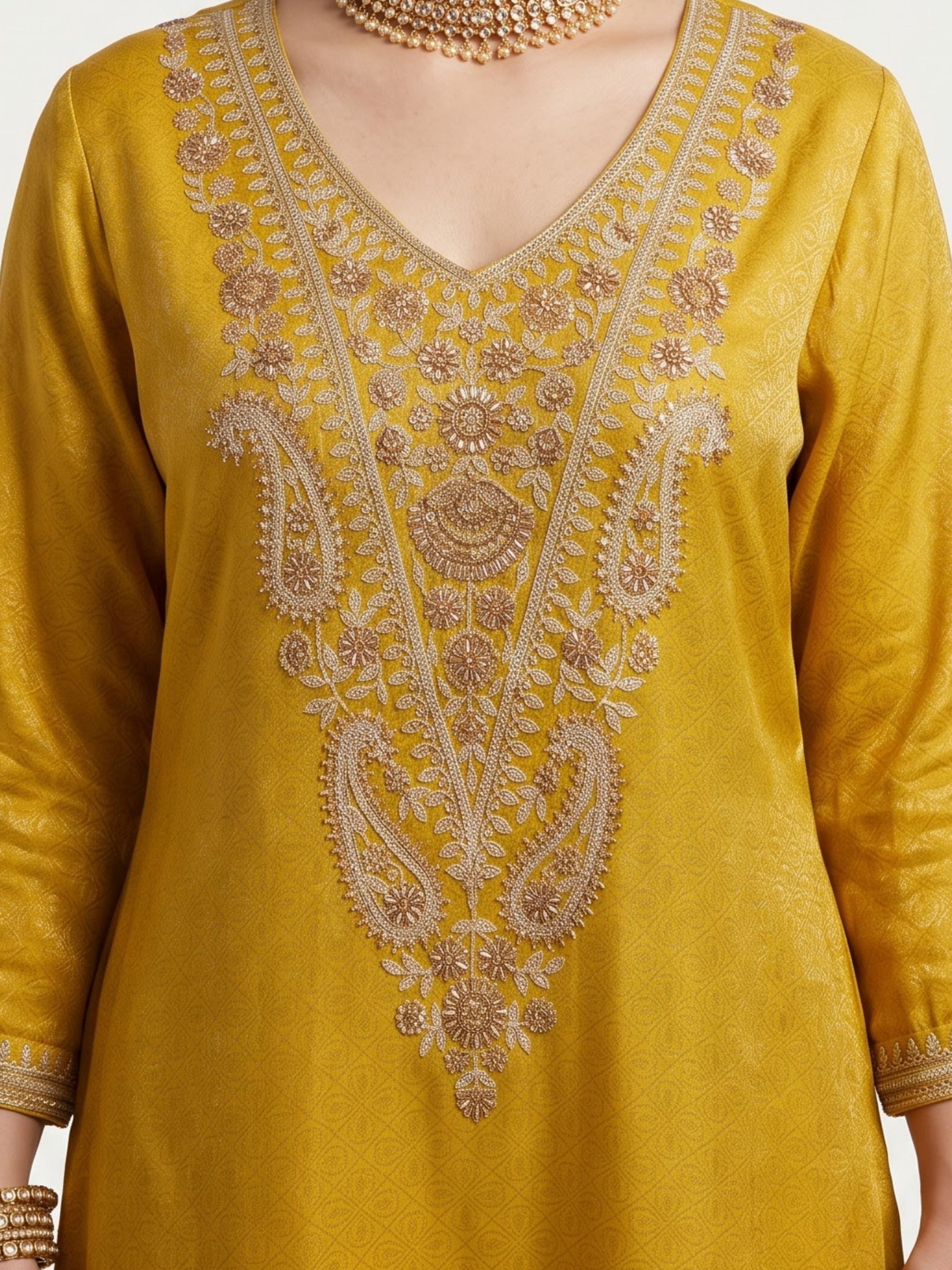 Mustard Brocade Indo Western with Cutdana, Zari and Sequins Embroidery 3