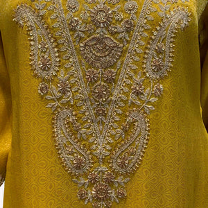 Mustard Brocade Indo Western with Cutdana, Zari and Sequins Embroidery 4