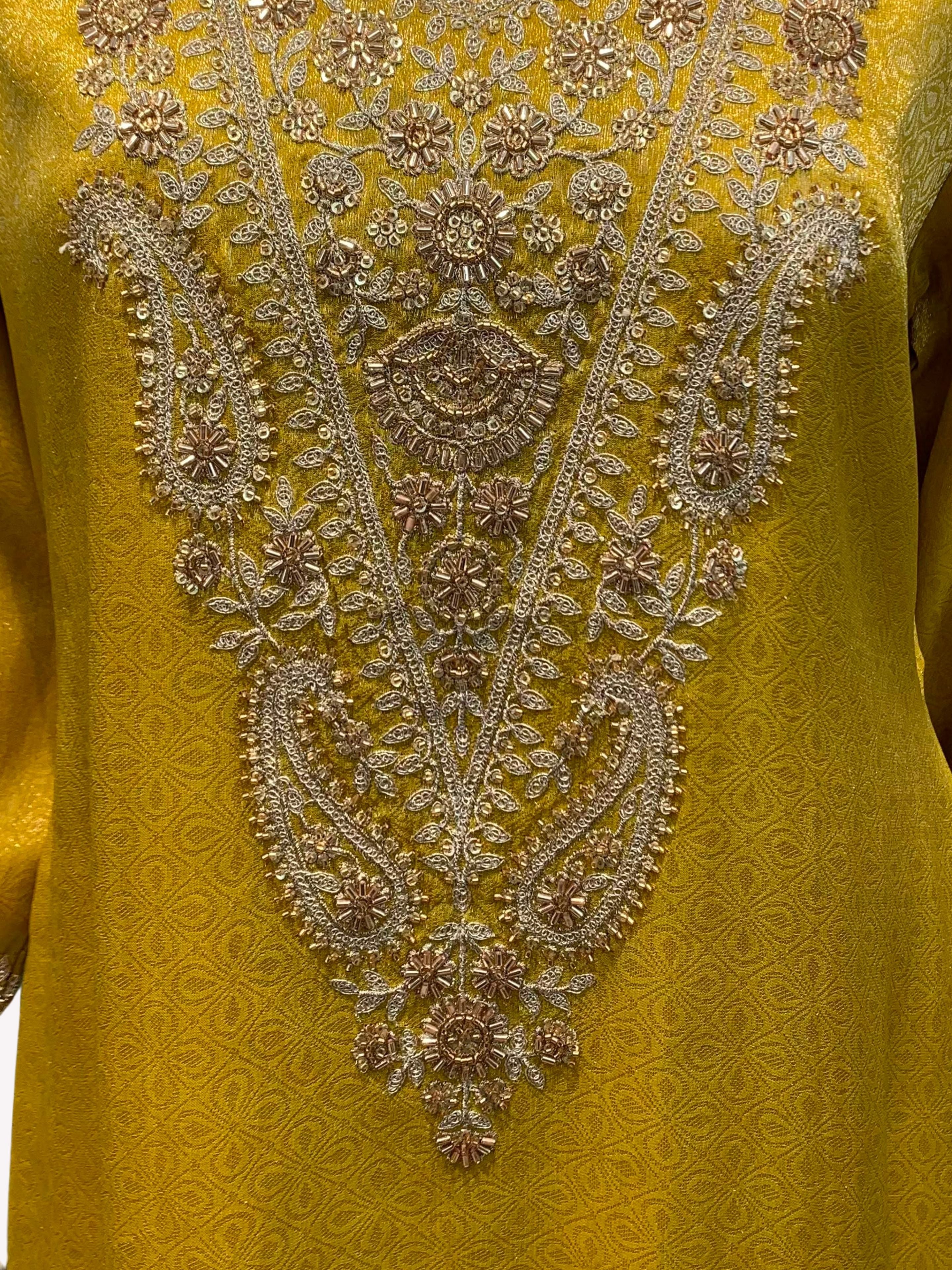 Mustard Brocade Indo Western with Cutdana, Zari and Sequins Embroidery 4