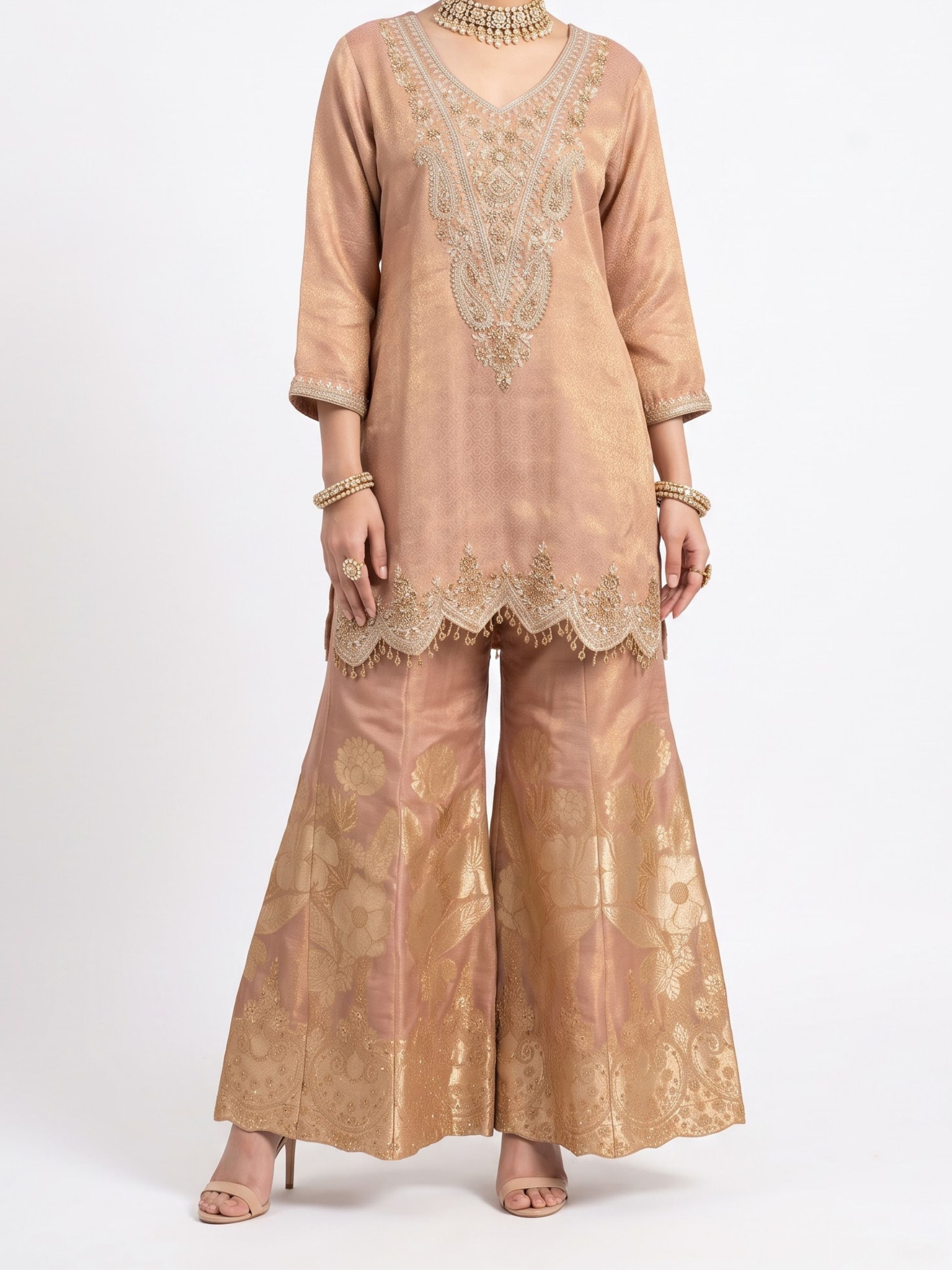Peach Tissue Indo Western with Cutdana, Zari and Sequins Embroidery 2