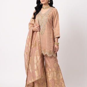 Peach Tissue Indo Western with Cutdana, Zari and Sequins Embroidery 3