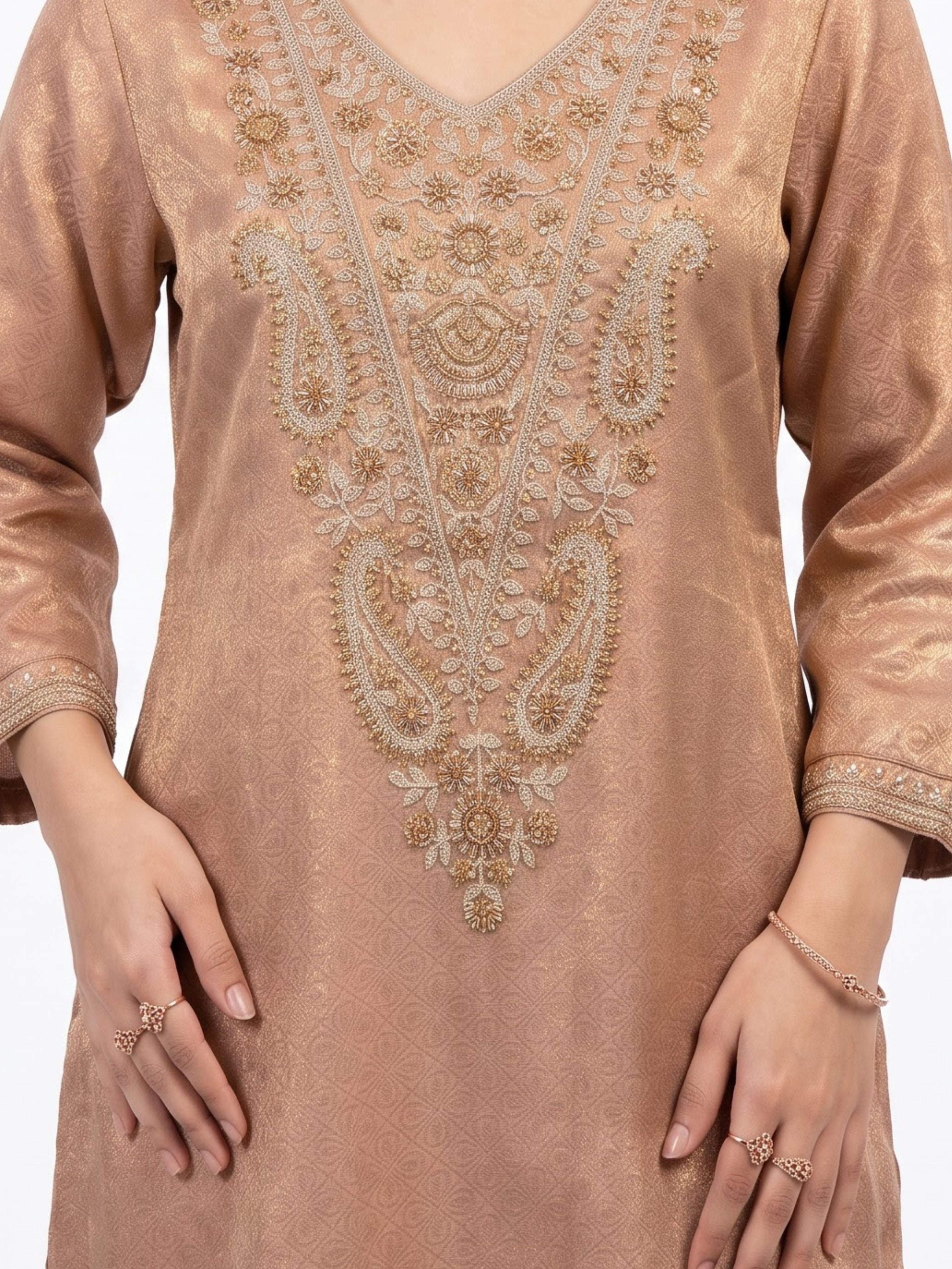 Peach Tissue Indo Western with Cutdana, Zari and Sequins Embroidery 4