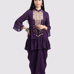 Purple Chinon Peplum Suit Set with Cutdana, Sequins and Pearl Embroidery 1