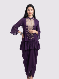 Purple Chinon Peplum Suit Set with Cutdana, Sequins and Pearl Embroidery