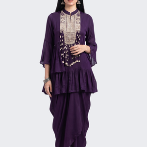 Purple Chinon Peplum Suit Set with Cutdana, Sequins and Pearl Embroidery 2