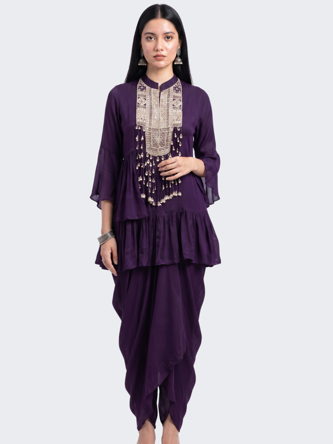 Purple Chinon Peplum Suit Set with Cutdana, Sequins and Pearl Embroidery 2