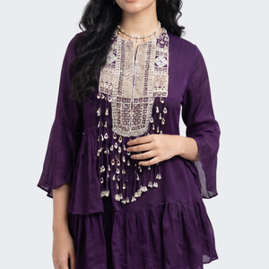 Purple Chinon Peplum Suit Set with Cutdana, Sequins and Pearl Embroidery 3