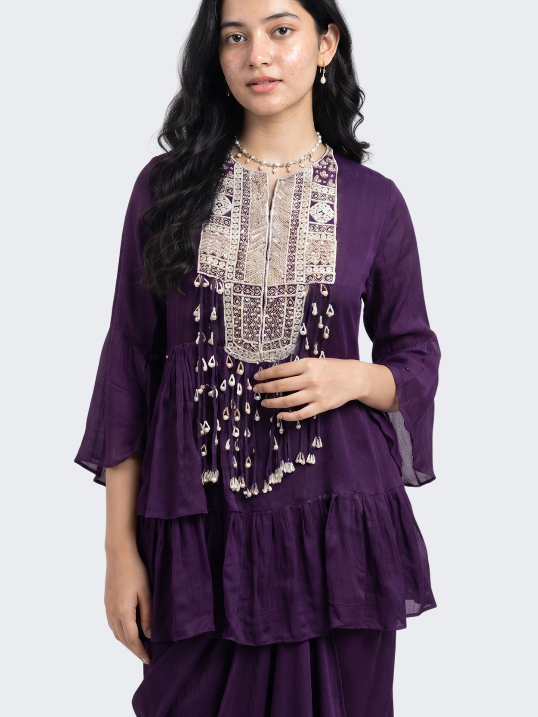 Purple Chinon Peplum Suit Set with Cutdana, Sequins and Pearl Embroidery 3