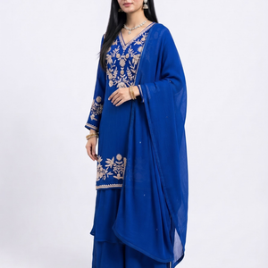 Blue Chinon Palazzo Suit Set with Cutdana and Sequins Embroidery 1