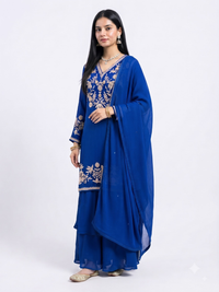 Blue Chinon Palazzo Suit Set with Cutdana and Sequins Embroidery