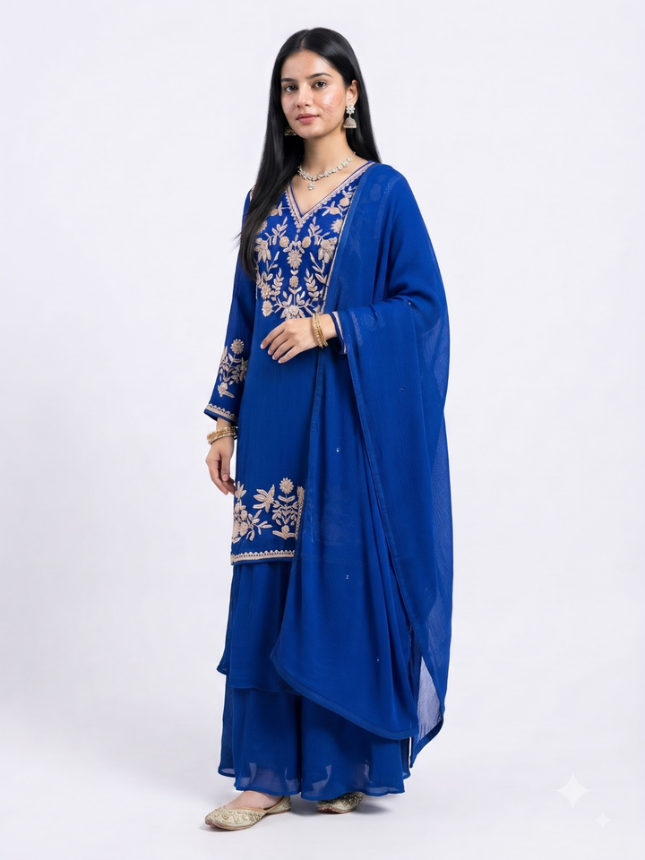Blue Chinon Palazzo Suit Set with Cutdana and Sequins Embroidery 1