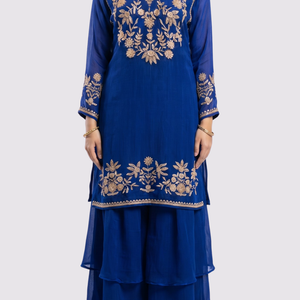 Blue Chinon Palazzo Suit Set with Cutdana and Sequins Embroidery 2