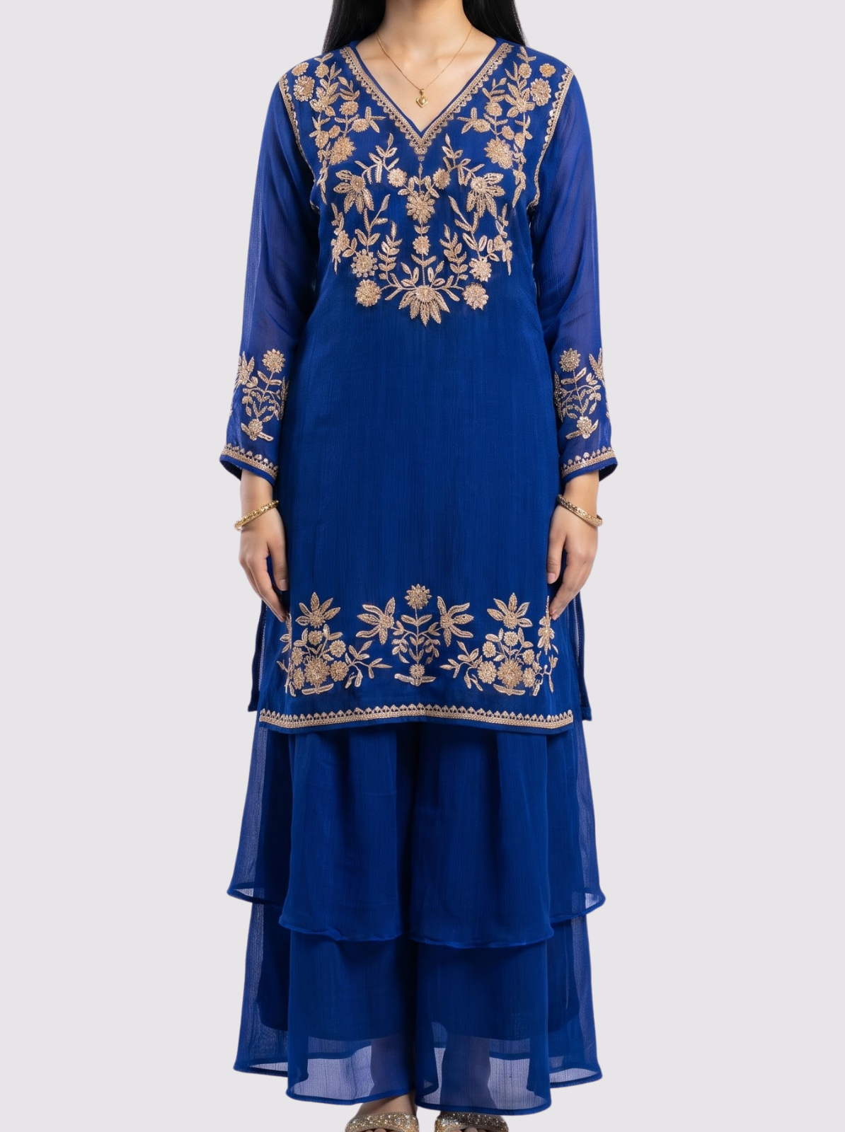 Blue Chinon Palazzo Suit Set with Cutdana and Sequins Embroidery 2