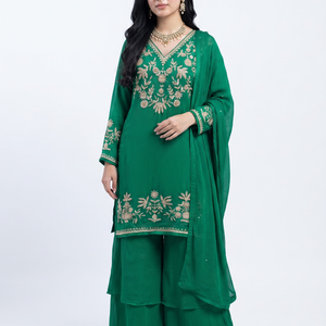 Green Chinon Palazzo Suit Set with Cutdana and Sequins Embroidery 1