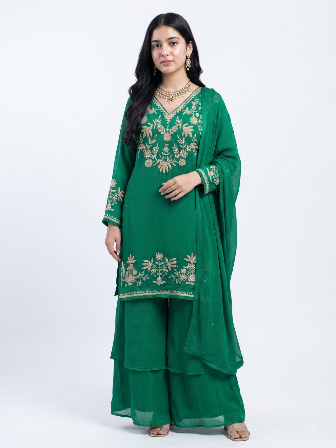 Green Chinon Palazzo Suit Set with Cutdana and Sequins Embroidery 1