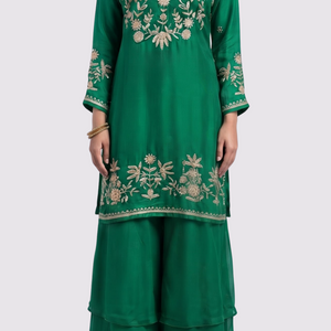 Green Chinon Palazzo Suit Set with Cutdana and Sequins Embroidery 2