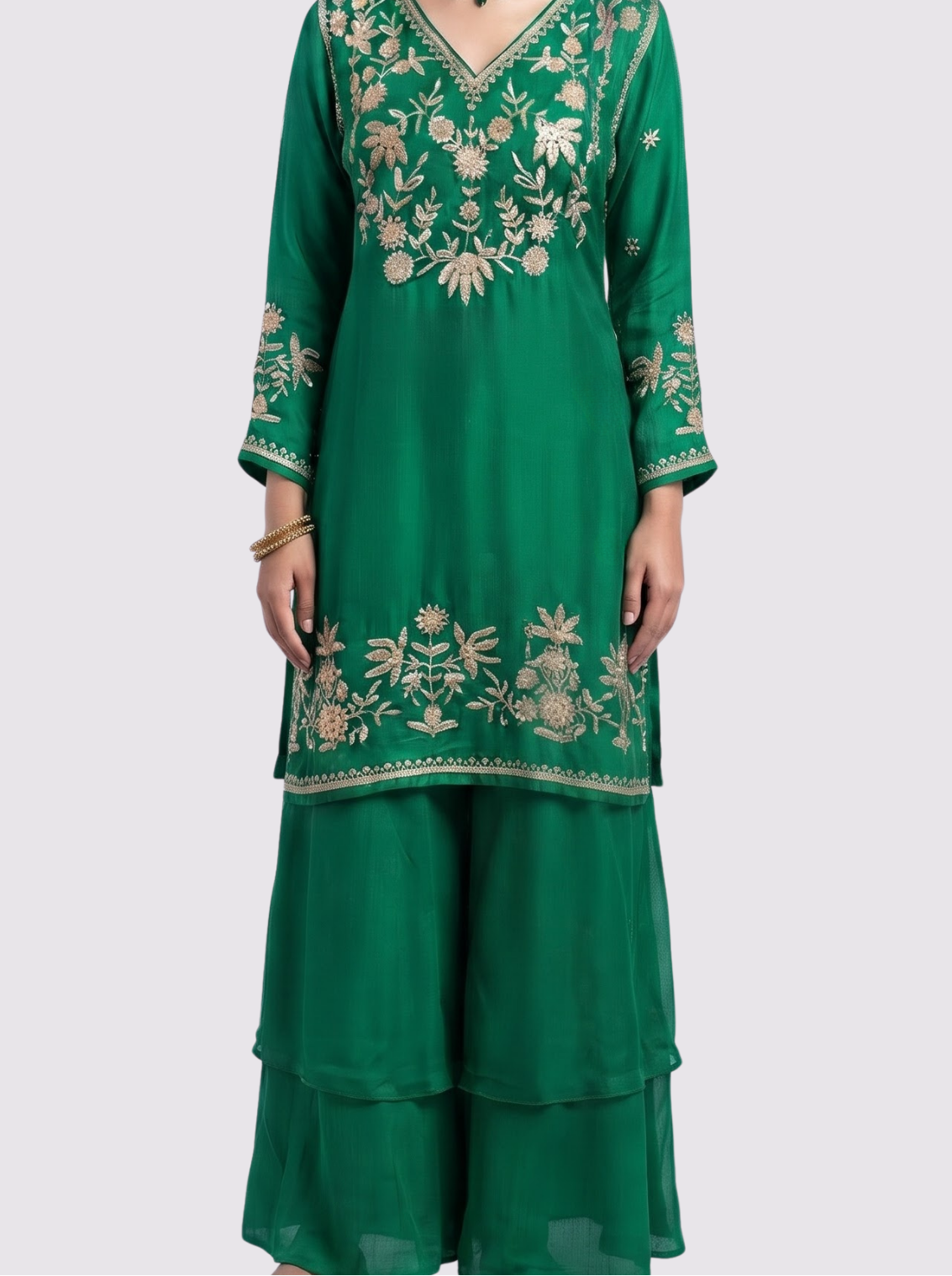 Green Chinon Palazzo Suit Set with Cutdana and Sequins Embroidery 2