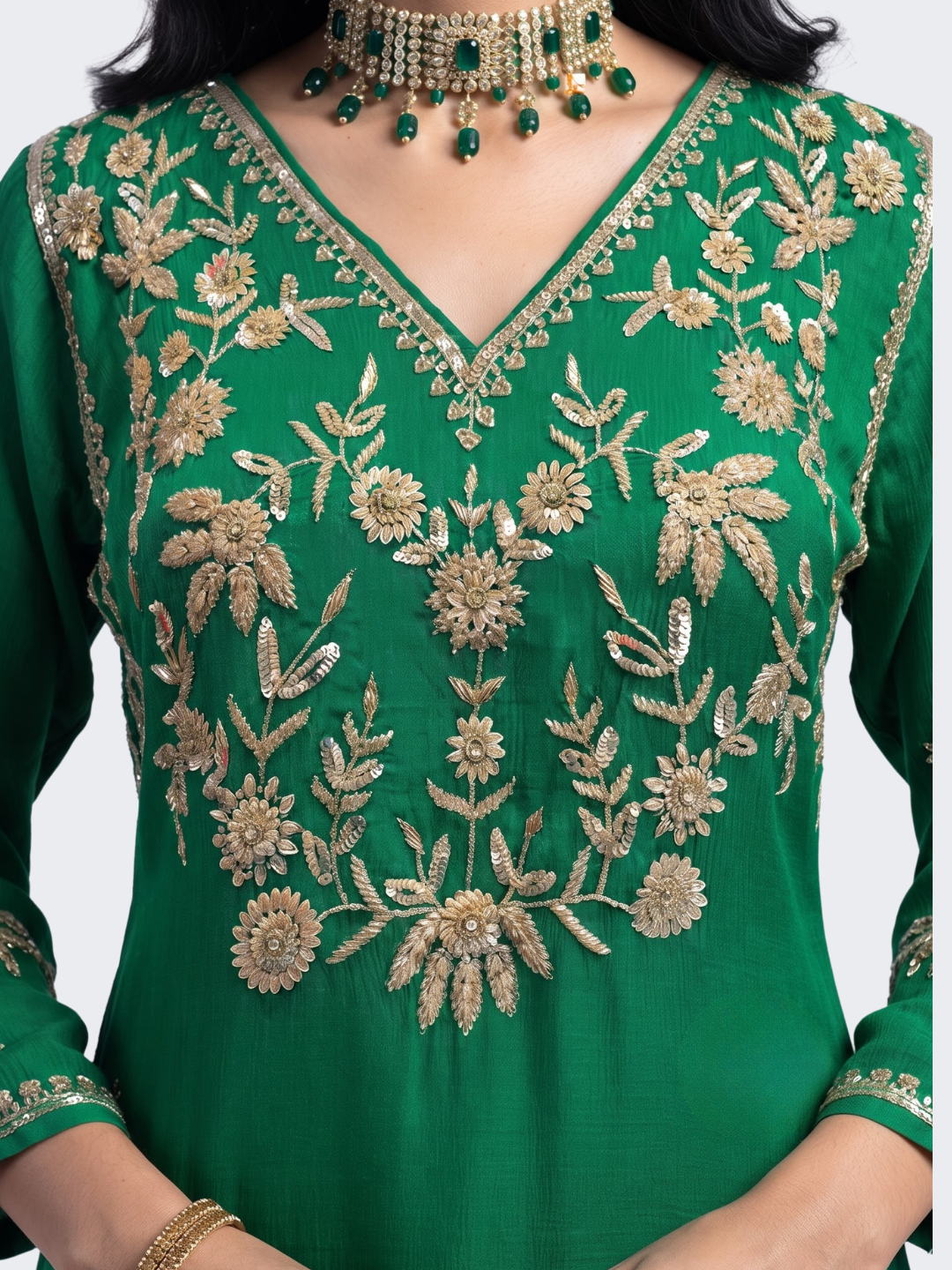 Green Chinon Palazzo Suit Set with Cutdana and Sequins Embroidery 3