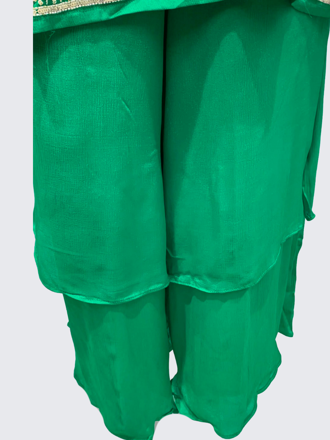 Green Chinon Palazzo Suit Set with Cutdana and Sequins Embroidery 5