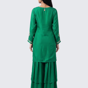 Green Chinon Palazzo Suit Set with Cutdana and Sequins Embroidery 6