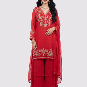 Red Chinon Palazzo Suit Set with Cutdana and Sequins Embroidery 1