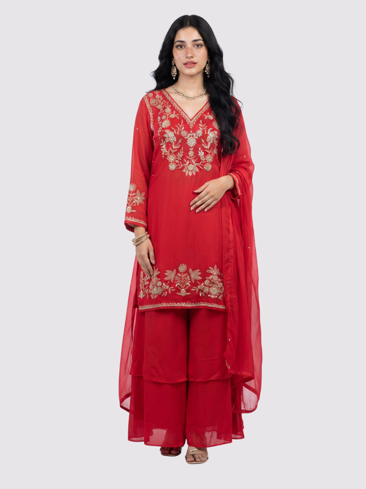 Red Chinon Palazzo Suit Set with Cutdana and Sequins Embroidery 1