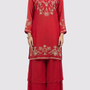 Red Chinon Palazzo Suit Set with Cutdana and Sequins Embroidery 2